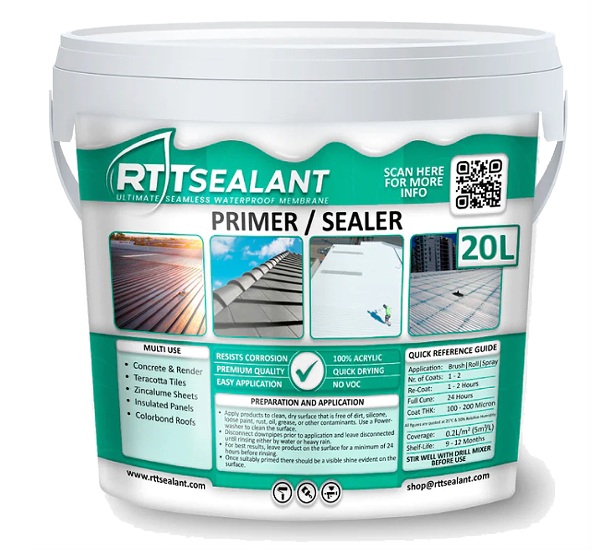 RTT Sealant Primer/Sealer for metal roofs and concrete, enhancing adhesion for top coats, 20L bucket.