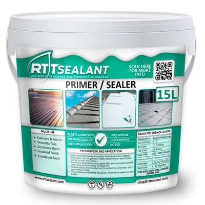 RTT Primer/Sealer 15L for sealing painted surfaces and enhancing adhesion for metal roofs and concrete.