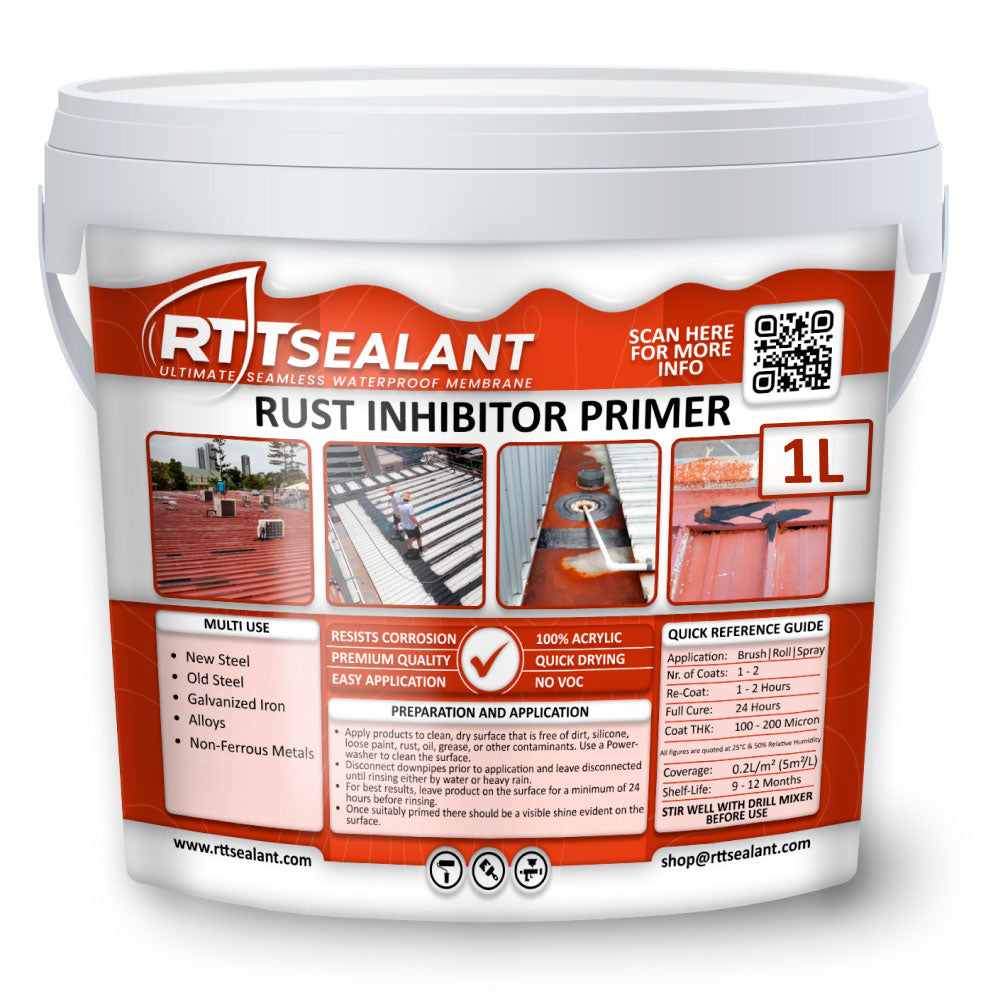 RTT Sealant Rust Inhibitor Primer bucket for metal roofs, ensuring adhesion and protection against corrosion.