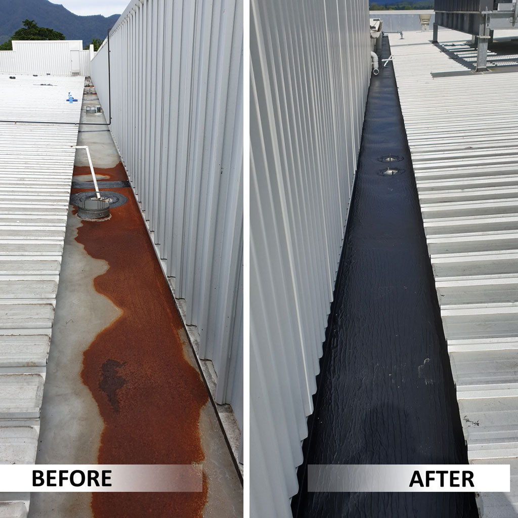 Before And After Comparison Of A Rusty Box Gutter Sealed with Liquid Rubber