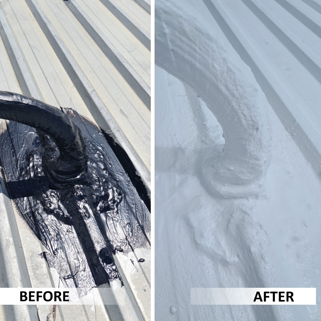 Before and After application of Liquid Rubber Waterproof Sealant on a roof protrusion