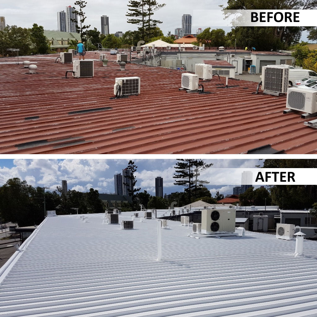 Before and After application of Protective Top Coat on a rusty metal roof