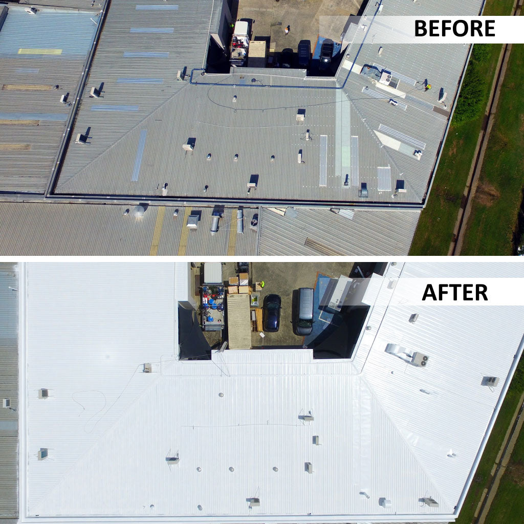 Before and After application of Protective Top Coat on a metal roof for uv protection