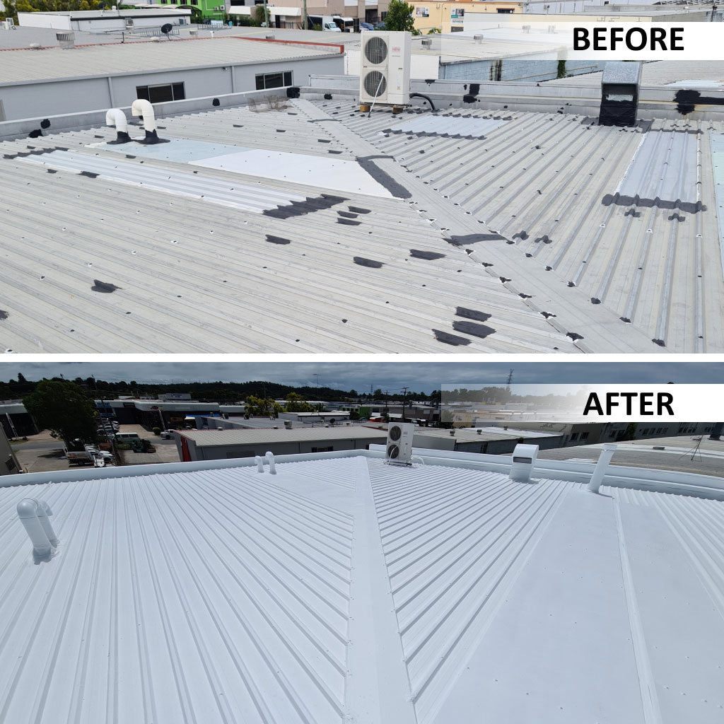 Before and After application of Protective Top Coat on a metal roof for heat reflection