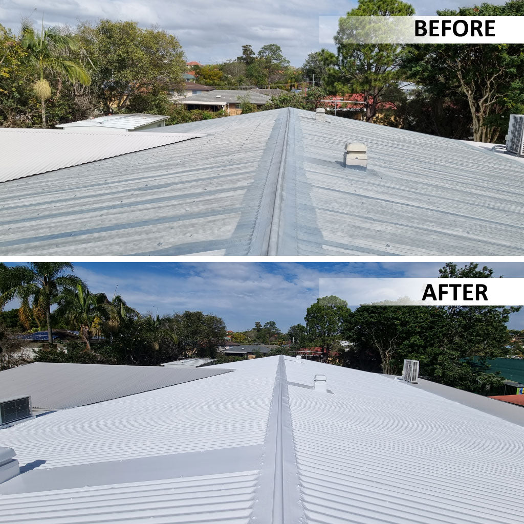 Before and After application of Protective Top Coat on a roof for roof restoration